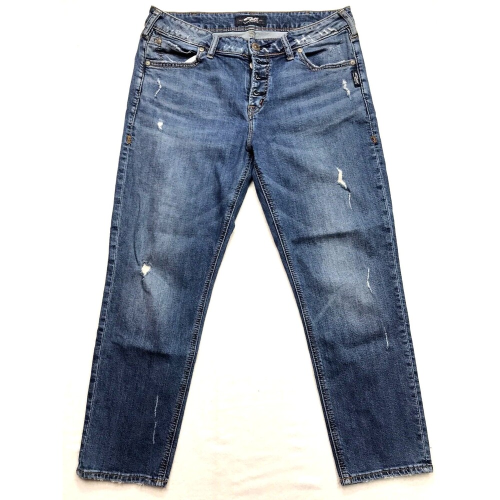 SILVER Avery Jeans Women 31x25 Button Fly Slim Crop Distressed Medium Wash Denim